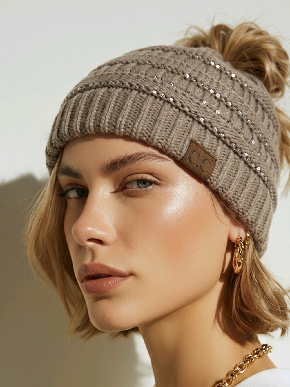 C.C. Cable Knit Ponytail Beanie W/Shimmering Sequin Accents Taupe OS